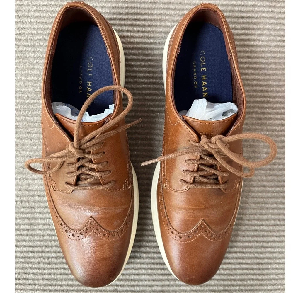 Cole Haan Mens Grand.OS Wingtip Oxford British Tan Leather Shoes Size 9.5M